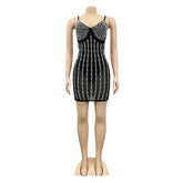 Chic Sheer Mesh Patchwork Crystal and pearl Studded Short Party Dress